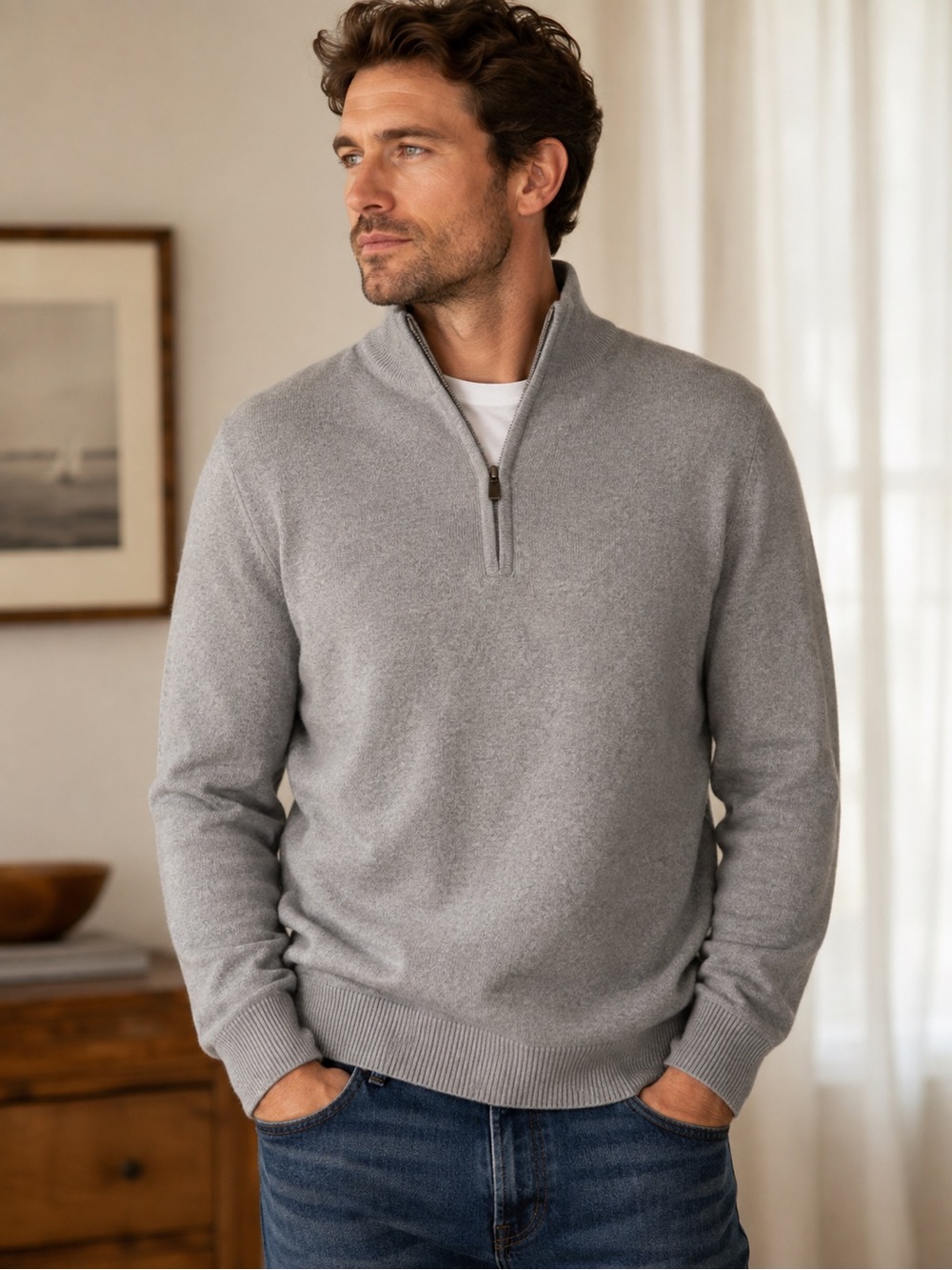 LL Bean Men's Cotton/Cashmere Half-Zip Sweater Pullover - Light Gray -M